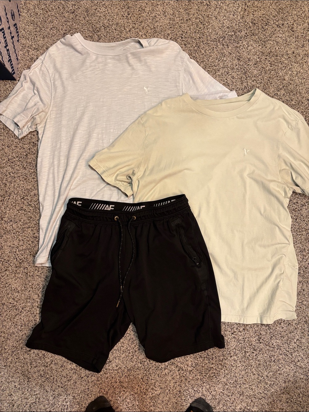 Men's Black Athletic Drawstring Shorts and AE t-shirts